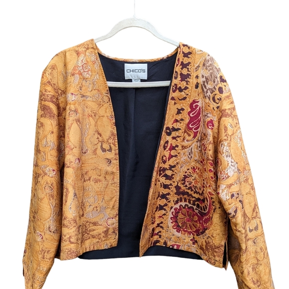 Chico's Gold & Maroon Paisley 100% Silk Jacket Blazer Women's Size 3 - Picture 1 of 7